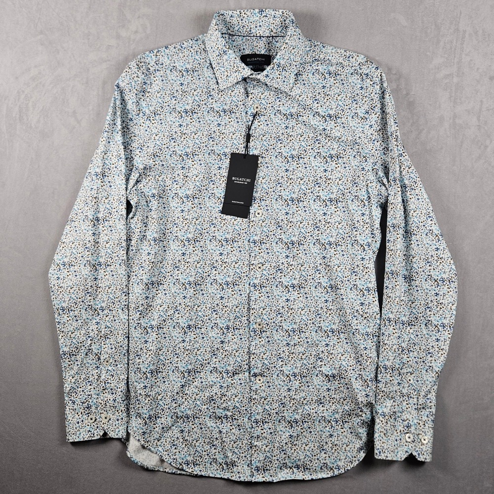 NEW Bugatchi Shirt Mens Small Blue AOP OoohCotton Tech 8-Way Stretch Button Up - Picture 1 of 11